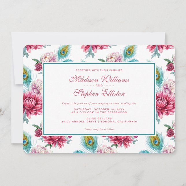 Invitación Acuarela Peacock & Red Floral - Boda (Anverso)