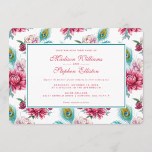 Invitación Acuarela Peacock & Red Floral - Boda