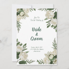 Invitación Acuarela Peonía Blanca Botánica Verde Lujuriosa