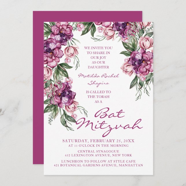 Invitación Acuarela Peony Bat Mitzvah Floral moderna (Anverso / Reverso)