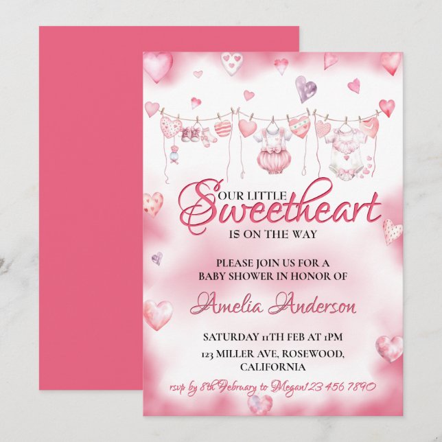 Invitación Acuarela Pequeña Sazón Valentine Baby Shower (Anverso / Reverso)