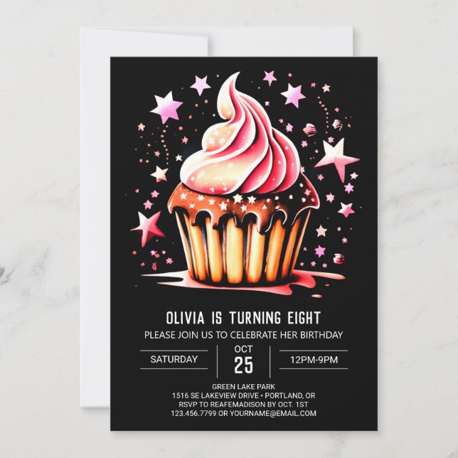 Invitación Acuarela Pequeño Muffin Delight Chica Cumpleaños (Anverso)