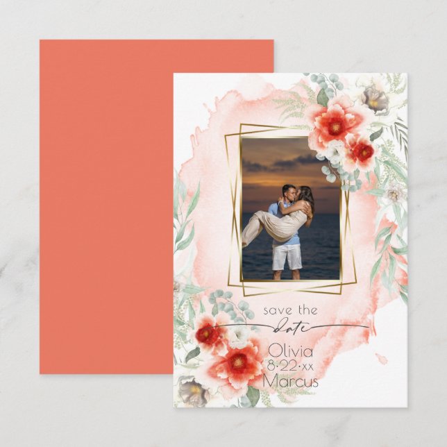 Invitación Acuarela Persimmon Foto Floral Guardar fecha (Anverso / Reverso)