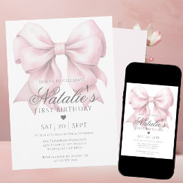 Invitación Acuarela personalizada Dusty Pink Bow Primer cumpl