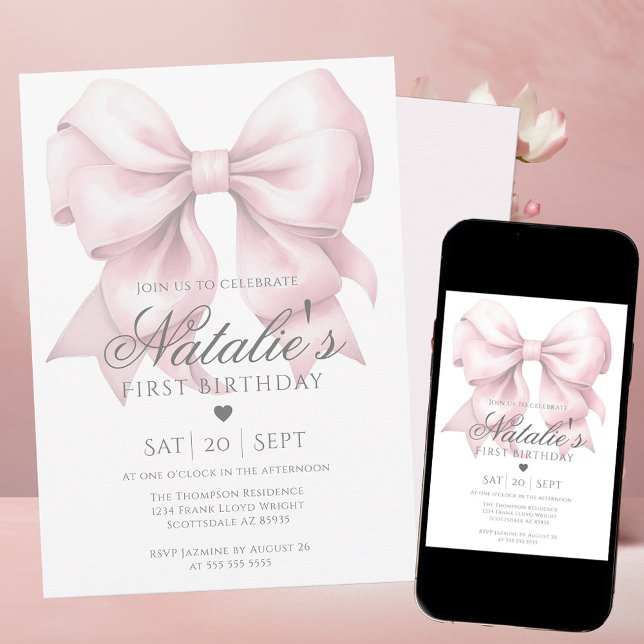 Invitación Acuarela personalizada Dusty Pink Bow Primer cumpl (Subido por el creador)