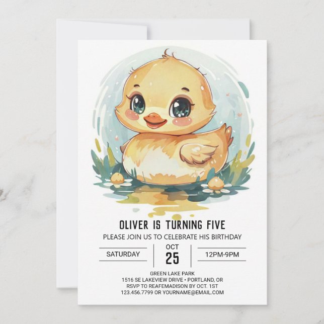 Invitación Acuarela Personalizado Duck Birthday (Anverso)