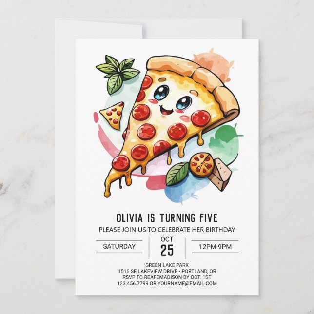Invitación Acuarela Personalizado Pizza Cumpleaños (Anverso)