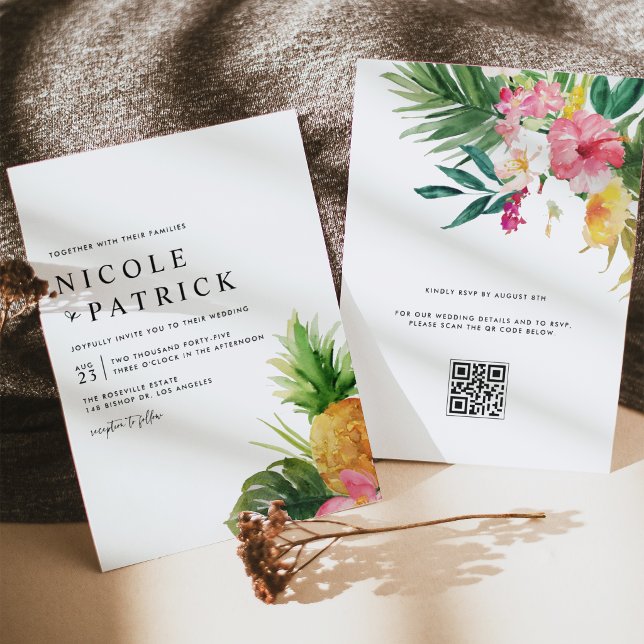 Invitación Acuarela Piña Código QR Tropical Boda (Customizable QR code wedding invitation featuring watercolor pineapple, tropical greenery & flower.)