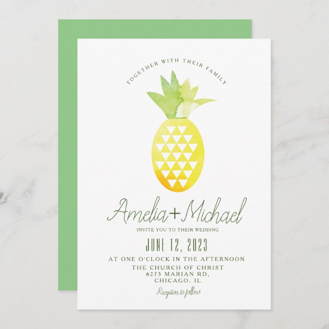 Invitación Acuarela Pineapple Boda Geométrico Tropical (Anverso / Reverso)