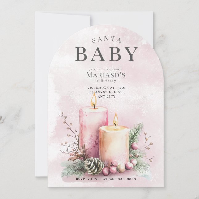 Invitación acuarela Pink ChristmasCandles 1ᵉʳ cumpleaños (Anverso)