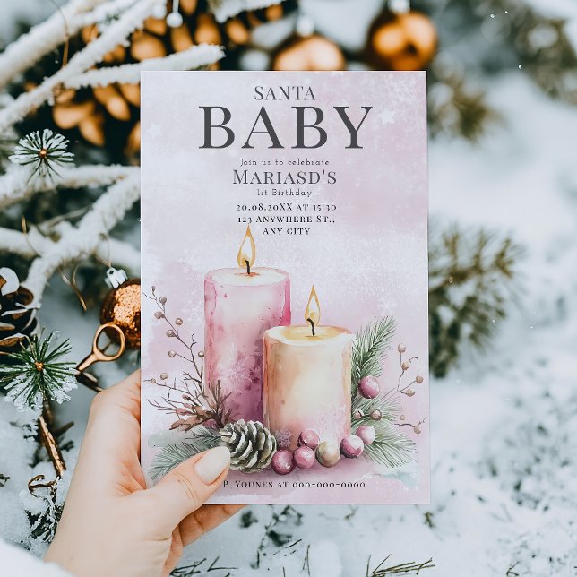 Invitación acuarela Pink ChristmasCandles 1ᵉʳ cumpleaños (Subido por el creador)