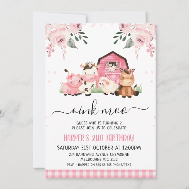 Invitación Acuarela Pink Floral Barn Farm Animales Cumpleaños (Anverso)