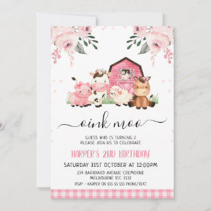 Invitación Acuarela Pink Floral Barn Farm Animales Cumpleaños
