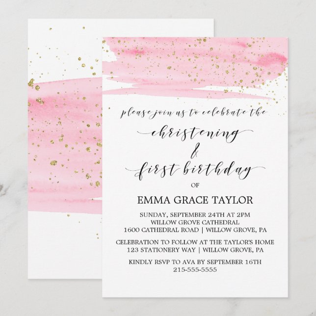 Invitación Acuarela Pink & Gold Christening y primer cumpleañ (Anverso / Reverso)