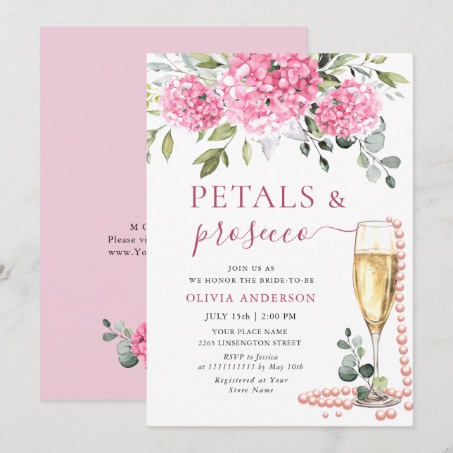 Invitación Acuarela Pink Hydrangea PETALS & Prosecco (Anverso / Reverso)