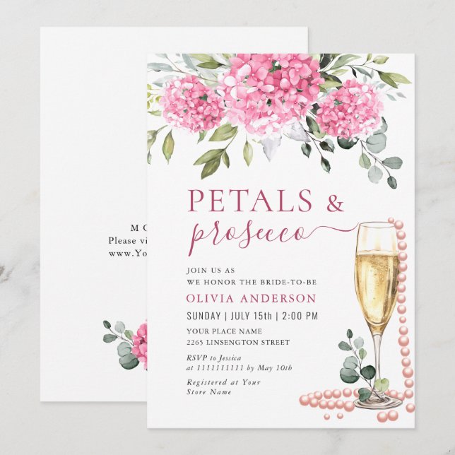 Invitación Acuarela Pink Hydrangea PETALS & Prosecco (Anverso / Reverso)