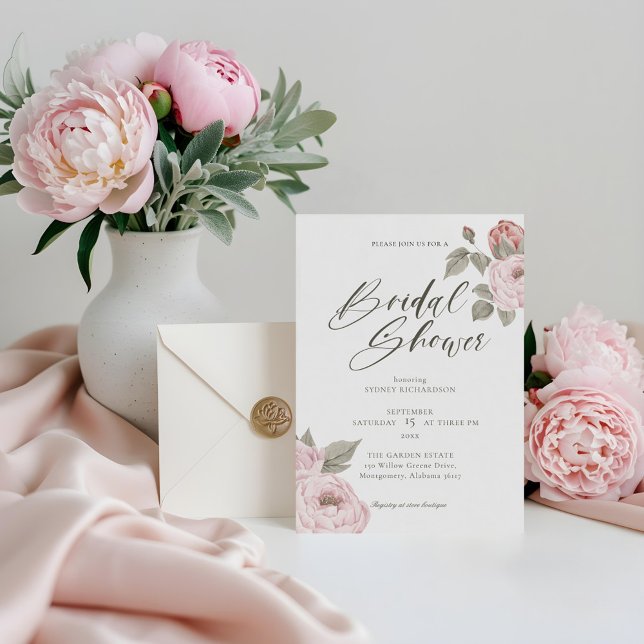 Invitación Acuarela Pink Peony Floral Blossom Brillante (Watercolor Pink Peony Floral Blossom Bridal Shower Invitation)