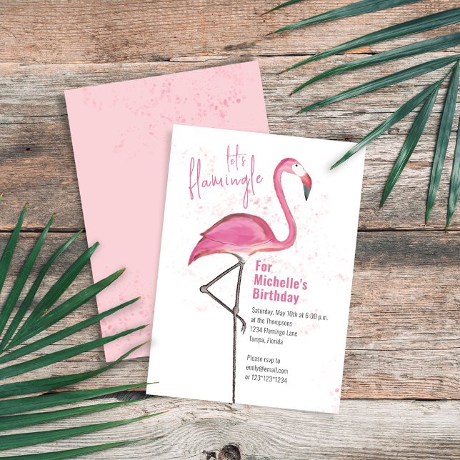Invitación Acuarela Pink Tropical Beach Flamingo (Birthday pink flamingo invitation with "let's Flamingle" wording. )