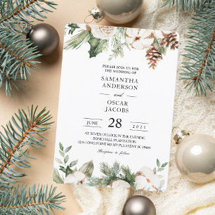 Invitación Acuarela Pino Verde de Invierno & Flores Blancas