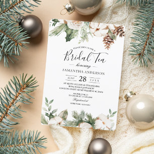 Invitación Acuarela Pino Verde de Invierno y Flores Blancas