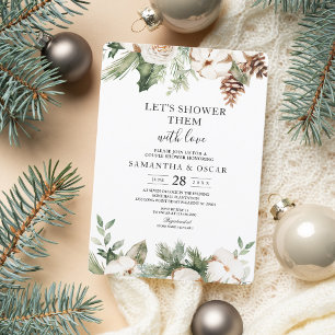 Invitación Acuarela Pino Verde de Invierno y Flores Blancas