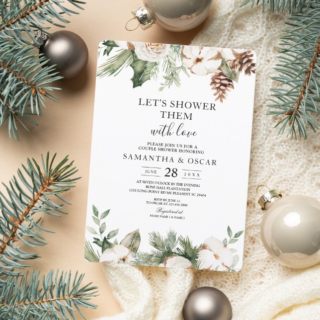 Invitación Acuarela Pino Verde de Invierno y Flores Blancas (Subido por el creador)