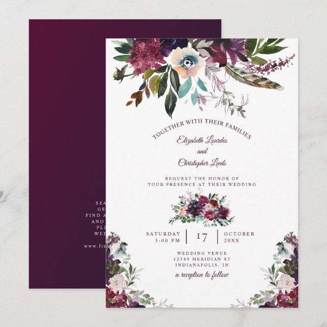 Invitación Acuarela pintada Borgoña Boda floral (Anverso / Reverso)