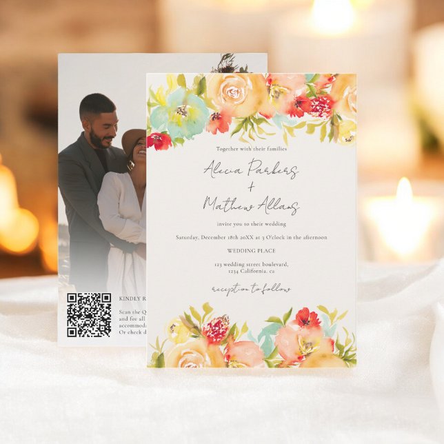 Invitación Acuarela pintada Floral Foto Boda de código Qr (Painted Watercolor Floral Photo Qr code Wedding Invitation)