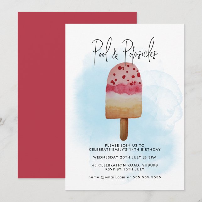 Invitación Acuarela Piscina de Verano y Fiesta Popsicle Cumpl (Anverso / Reverso)