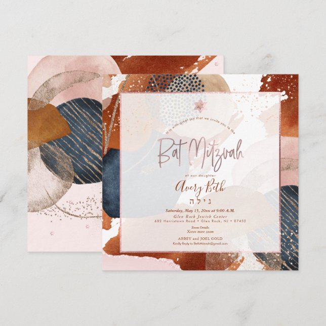 Invitación Acuarela PixDezines Moderno Resumen Bat Mitzvah (Anverso / Reverso)