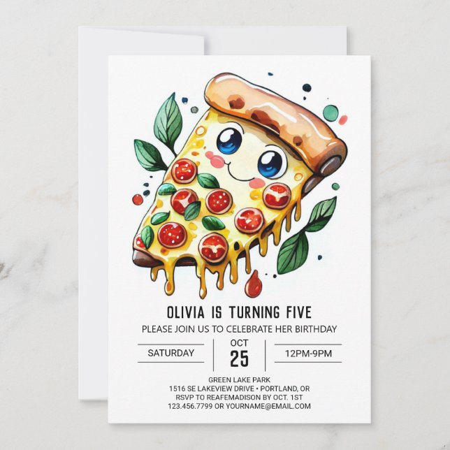 Invitación Acuarela Pizza simple Cumpleaños (Anverso)