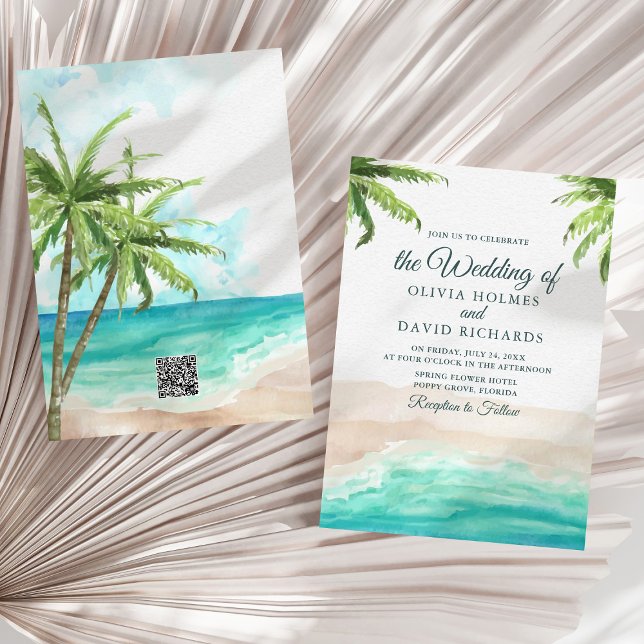 Invitación Acuarela Playa Tropical con Código QR Boda (Watercolor Tropical Beach with QR Code Wedding Invitation on a sunny neutral dry palm leaf.)