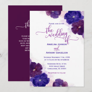 Invitación Acuarela Pluma púrpura Boda floral azul real