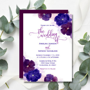 Invitación Acuarela Pluma púrpura Boda floral azul real