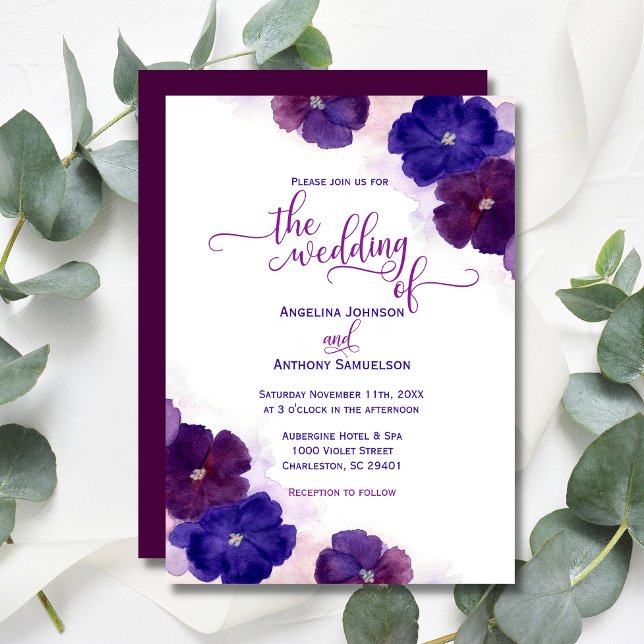 Invitación Acuarela Pluma púrpura Boda floral azul real (Subido por el creador)