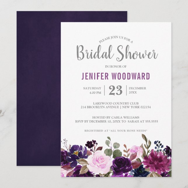 Invitación Acuarela Pluma Púrpura Floral Boho Bridal Shower (Anverso / Reverso)