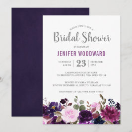 Invitación Acuarela Pluma Púrpura Floral Boho Bridal Shower
