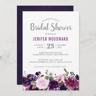 Invitación Acuarela Pluma Púrpura Floral Boho Bridal Shower
