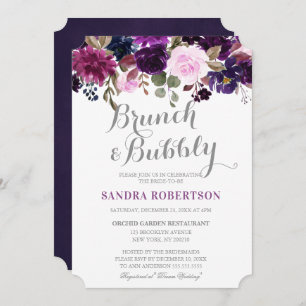Invitación Acuarela Pluma Púrpura Floral Boho Bridal Shower