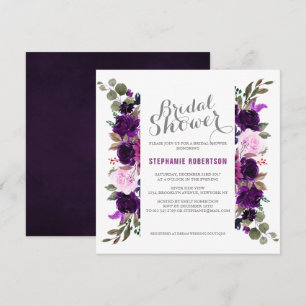 Invitación Acuarela Pluma Púrpura Floral Boho Bridal Shower