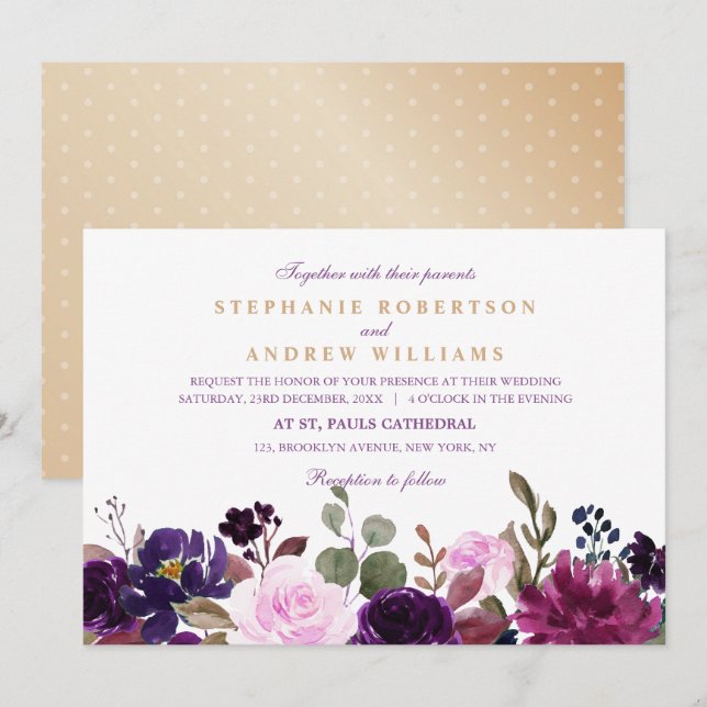 Invitación Acuarela Pluma Púrpura Floral Rústico Boho (Anverso / Reverso)