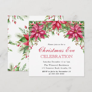 Invitación Acuarela Poinsettia Roja de Invierno Nochebuena