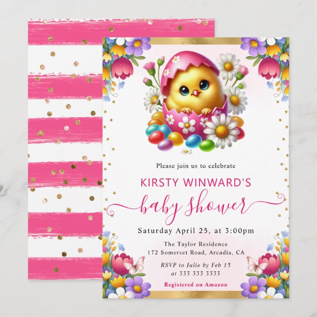 Invitación Acuarela Pollito de Pascua Flores de Primavera Sho (Anverso / Reverso)
