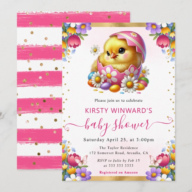 Invitación Acuarela Pollito de Pascua Flores de Primavera Sho (Anverso / Reverso)