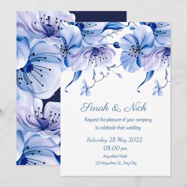 Invitación acuarela polvoriento azul floral azul marino    we (Anverso / Reverso)