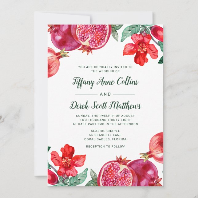 Invitación Acuarela Pomegranato Boda floral (Anverso)