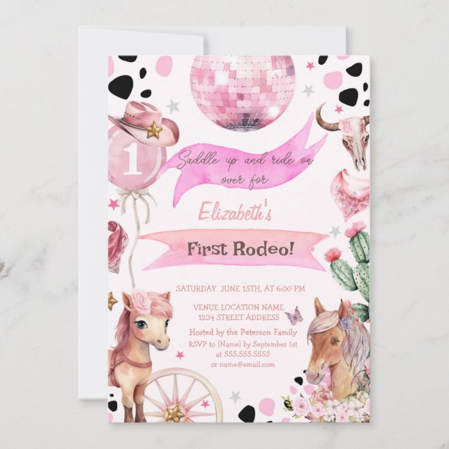 Invitación Acuarela Pony Floral Rodeo Polka Dots Cumpleaños (Anverso)