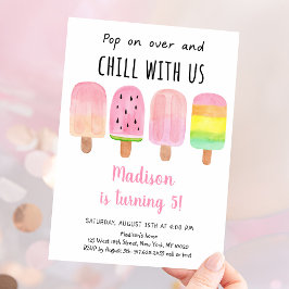 Invitación Acuarela Popsicle Chica Rosa Cumpleaños