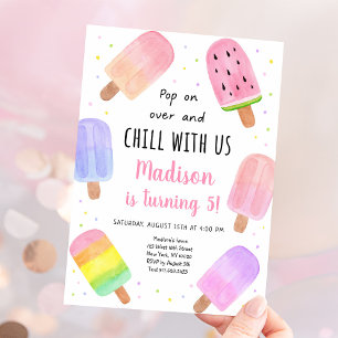 Invitación Acuarela Popsicle Chica Rosa Cumpleaños