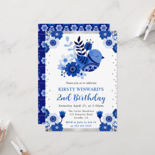 Invitación Acuarela Porcelana Ave Floral Cumpleaños